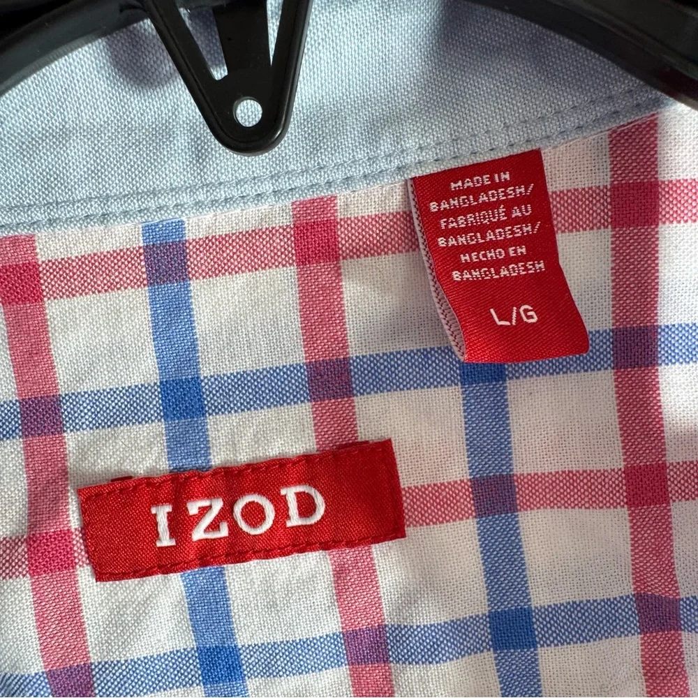 Izod Men’s Relaxed Button Up Shirt Newport Oxford Red & Blue‎ Checked Size Large